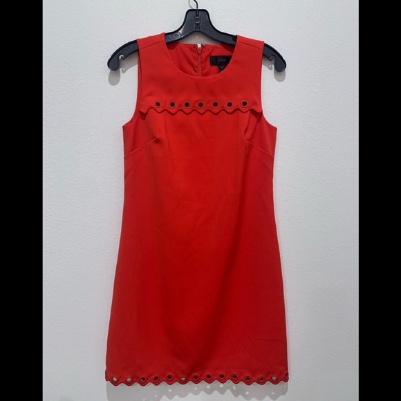 J. CREW DRESS Red Sheath with Scalloped Hem and Bodice with Grommets Size 0 - Picture 3 of 7